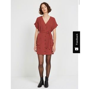 Frank & Oak Front Button V-Neck Dress in Pale Red